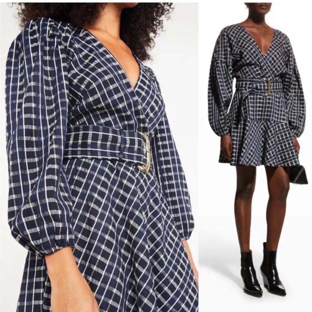 NWT Tanya Taylor Nicola Puff-Sleeve Belted Check Mini Dress - Picture 2 of 10